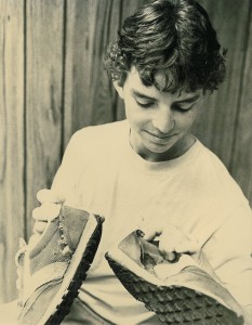 Bryce Thatcher shows off the "new" pair of shoes that he used to establish the fastest known time (FKT) for summiting the Grand Teton